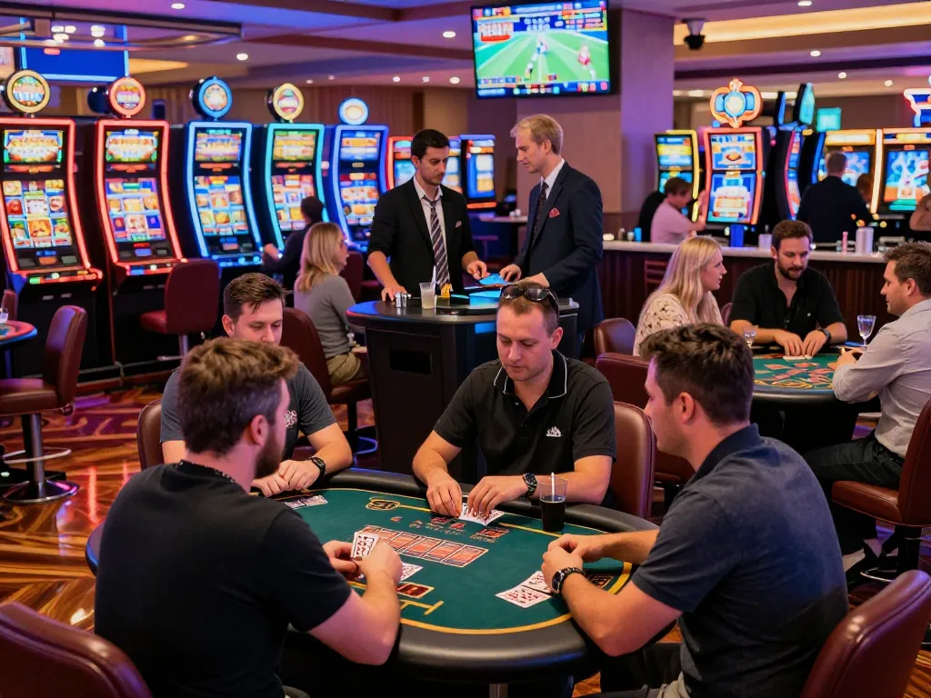 Exciting gambling scene featuring debet betting at vibrant casino with players engaged at tables.