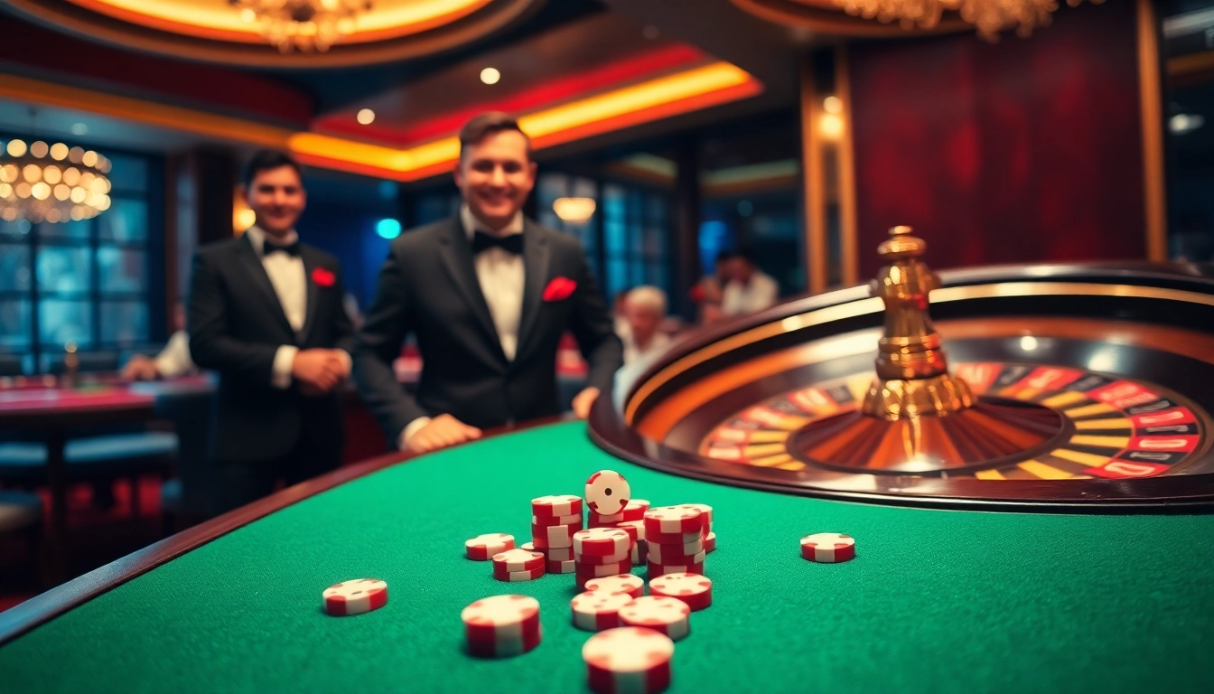Exciting casino action with poker chips and a roulette wheel showcasing ok365 com gaming experience.