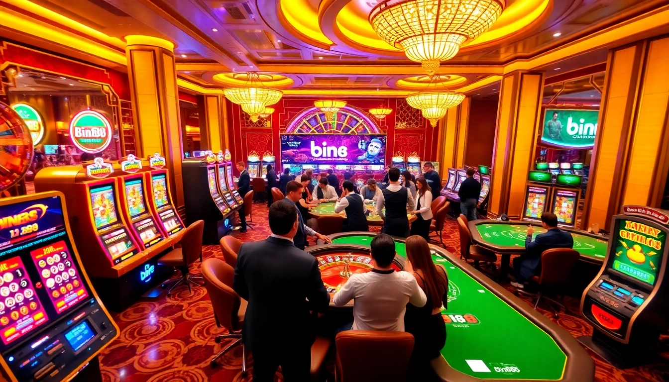 Experience high-stakes gaming at Bin88 Casino with vibrant slot machines and roulette.
