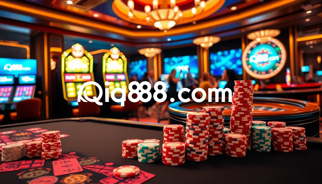 Players enjoying a vibrant gaming experience at iq88s com, featuring poker chips and casino tables.