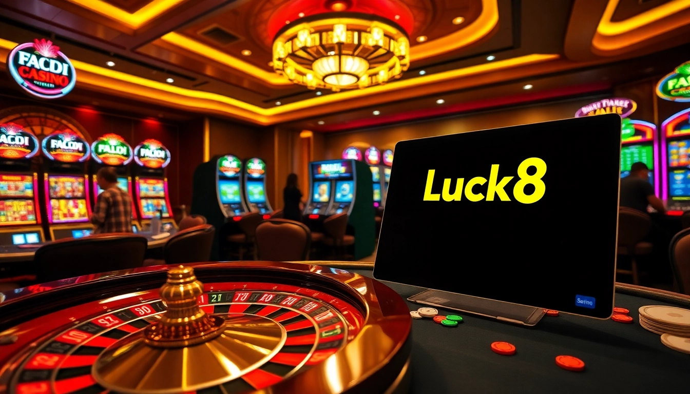 Experience the excitement of Luck8 casino with a vibrant casino scene featuring a roulette wheel and poker chips.