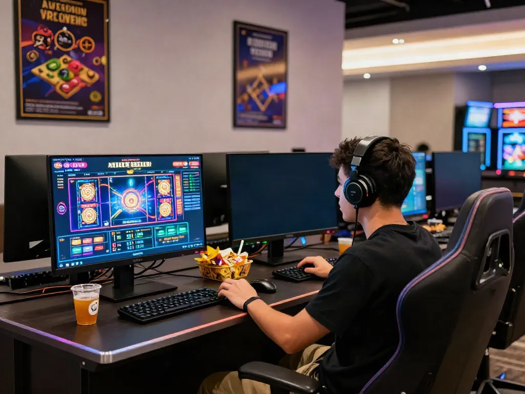 An immersive gaming environment on DA88 at 1da88.it.com, featuring a user engaged in online casino gameplay with dual monitors and vibrant interface.