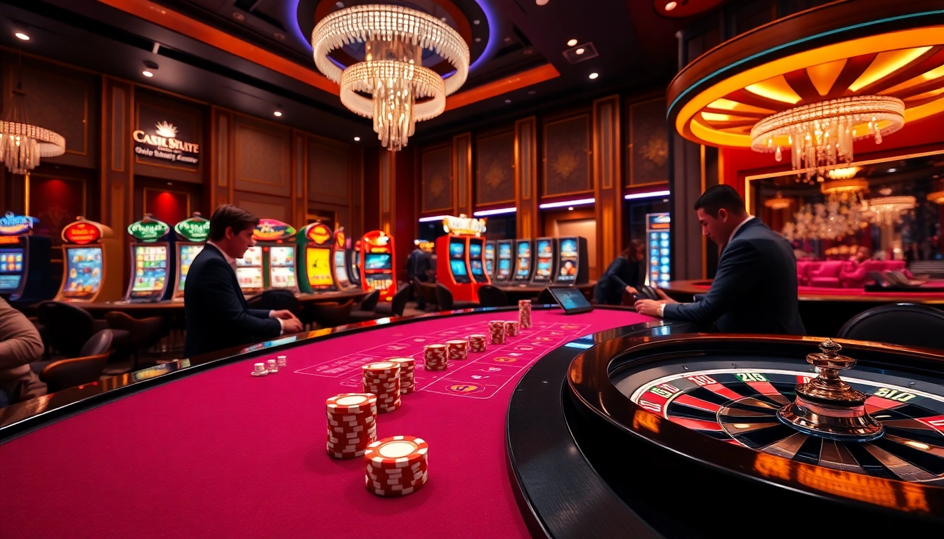 Players enjoying their time at Xin88's modern casino tables with poker chips and roulette wheels.