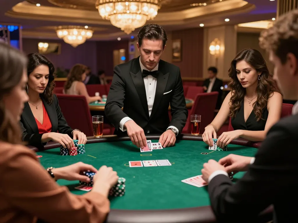 Gem88 poker players in an upscale casino intensely strategizing their next move.