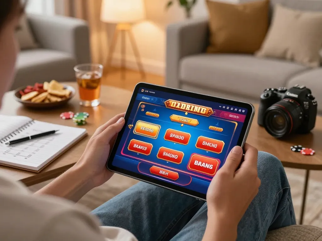 Engaging in online gaming on 78win tablet app, showcasing poker game interface with snacks nearby.