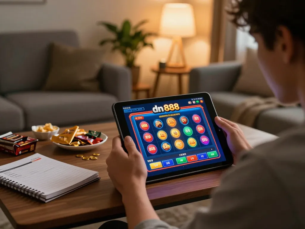 Player engaging with dn 888 casino game interface on tablet, surrounded by betting notes in cozy home setup.
