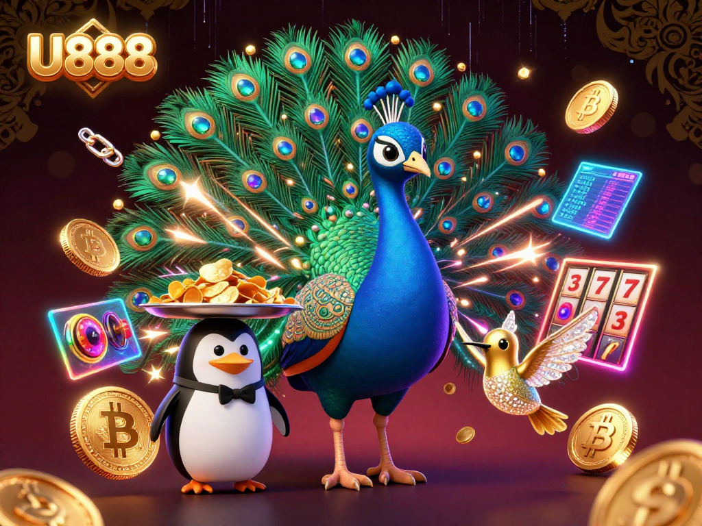 Engage with U888's vibrant casino world as a peacock and friends feature slot reels, crypto coins, and stunning visuals.