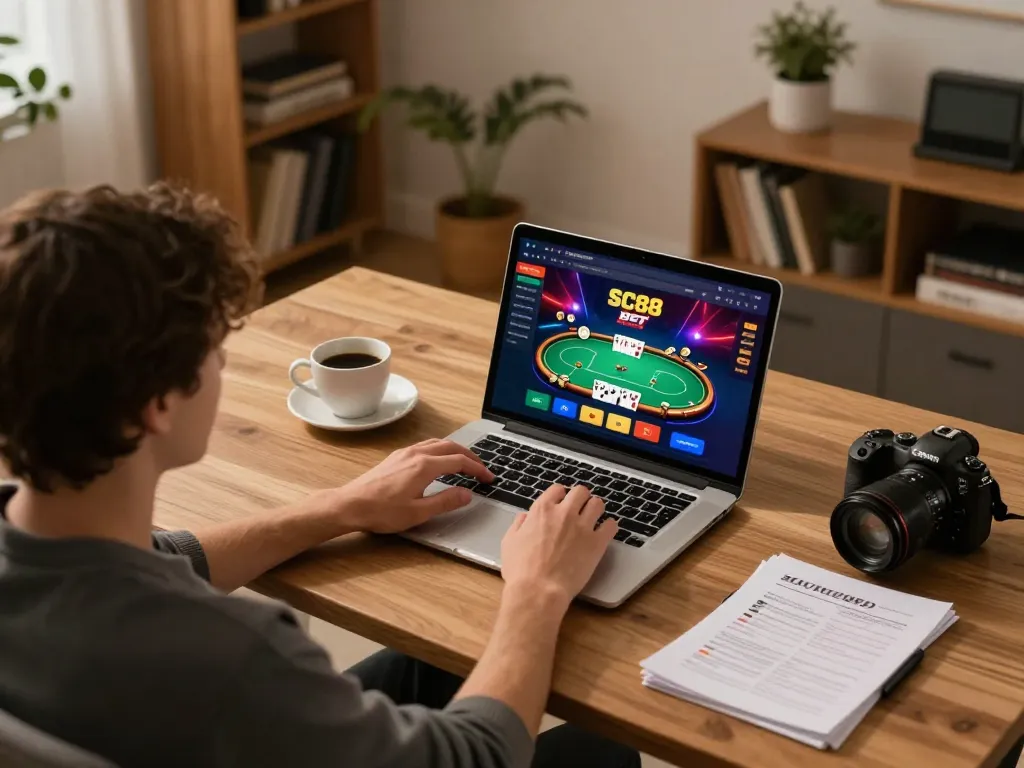 Player engaging in SC88 BET online gaming on laptop with betting strategies prepared.