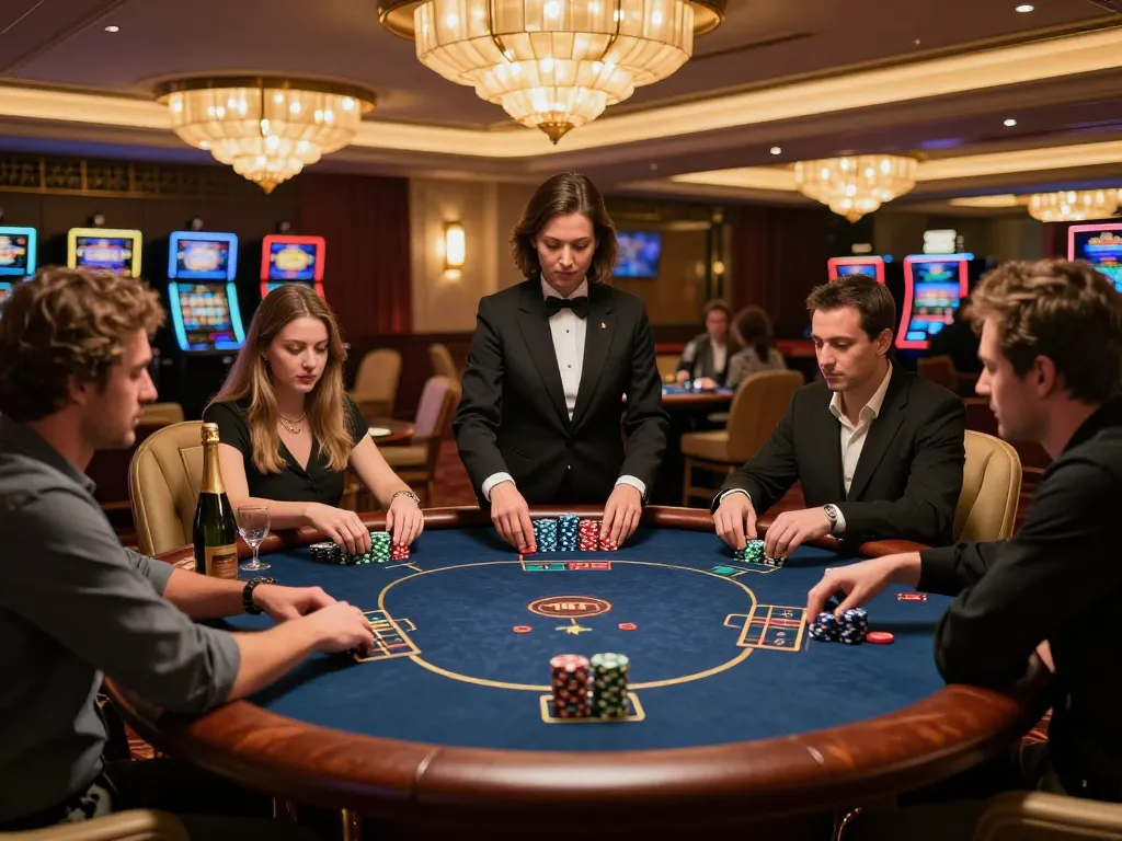 Players strategize at a luxurious VIP poker table in an exclusive casino setting, featuring 888new.