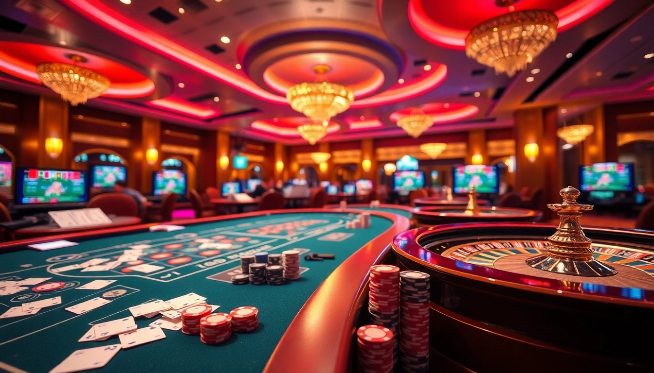 Engaging view of game đánh bài đổi thưởng at a luxurious online casino featuring poker chips and colorful cards.