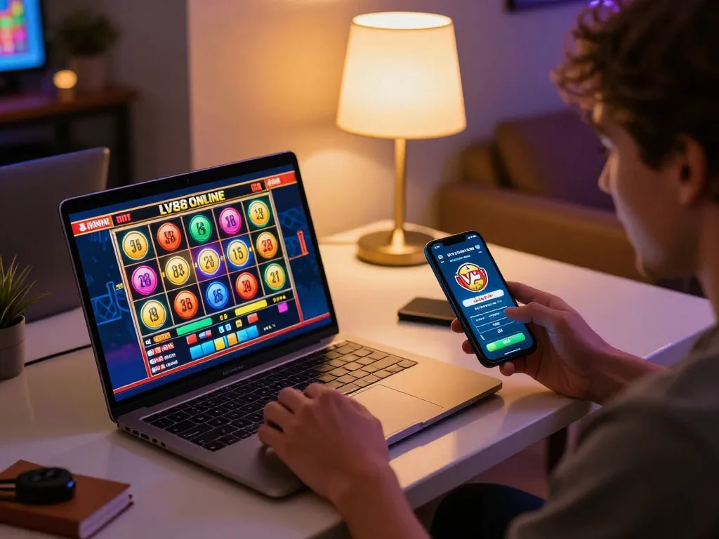 Engage in thrilling slot games on lv88 online gaming platform during cozy home night.