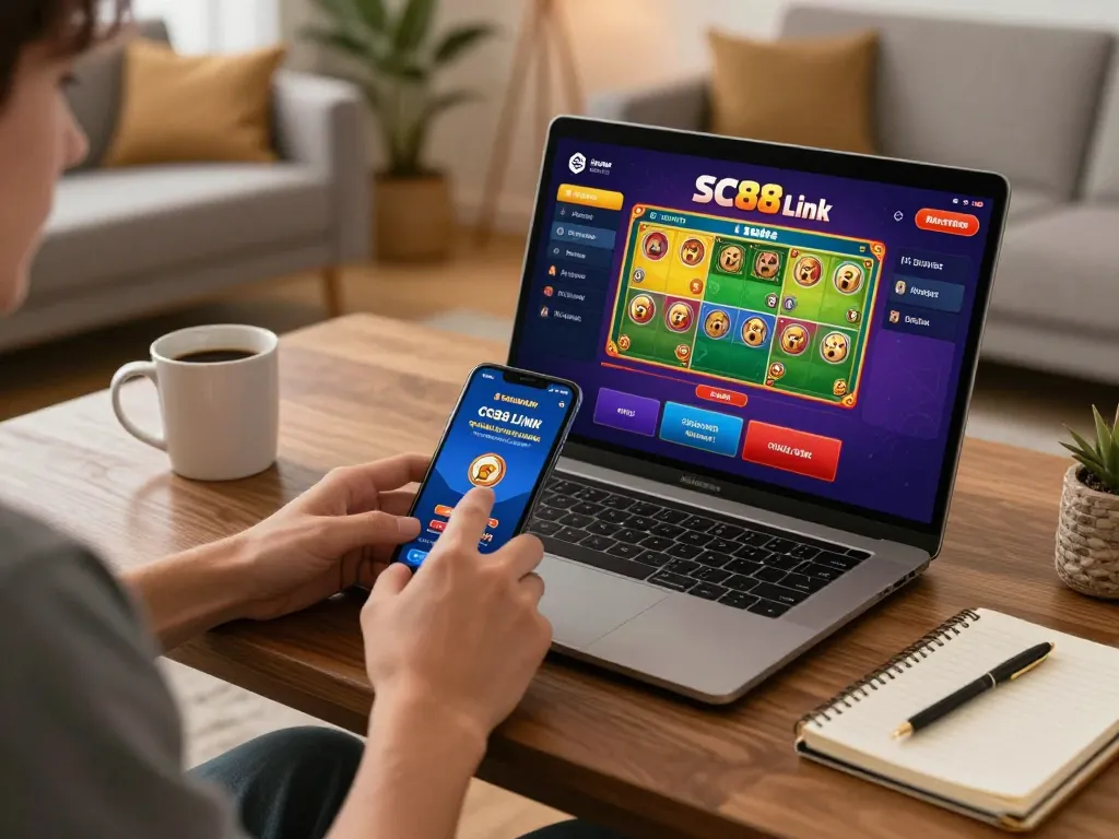 Engaging with the SC88 Link app for online gambling in a cozy home environment.