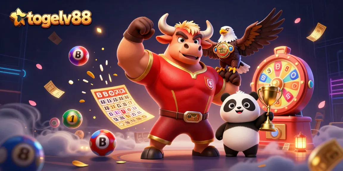Togelv88 showcases a vibrant lottery scene with a bull mascot celebrating amidst colorful lottery elements.