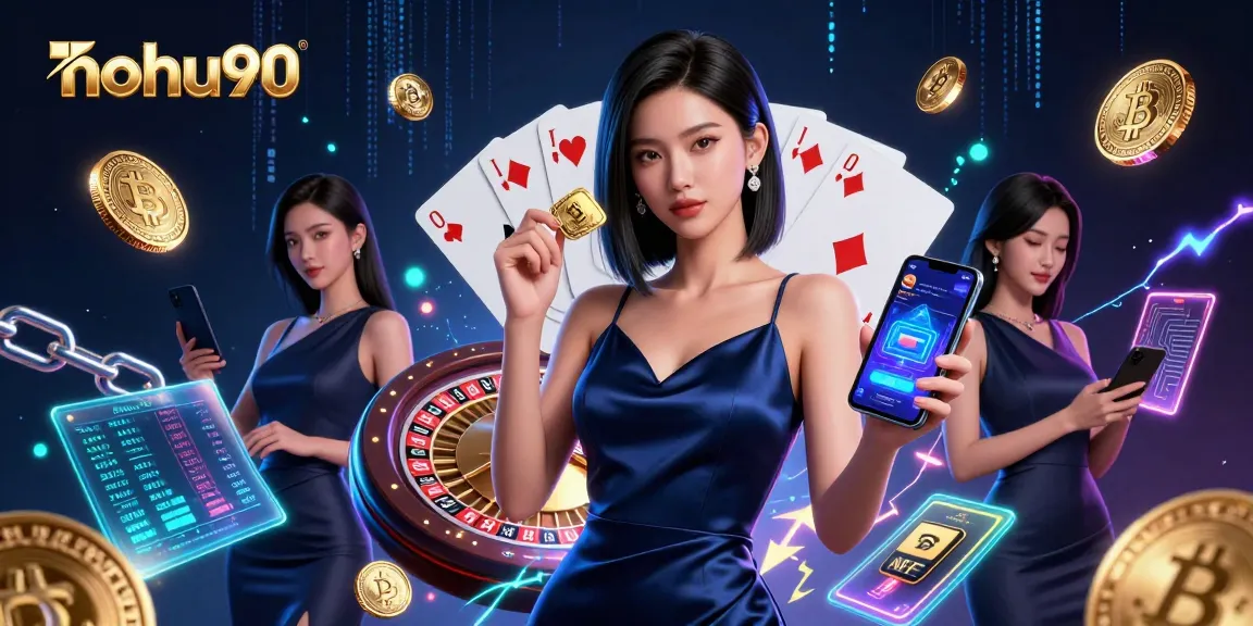 Experience winning opportunities at NOHU90 with an Asian casino beauty showcasing slots and crypto excitement.