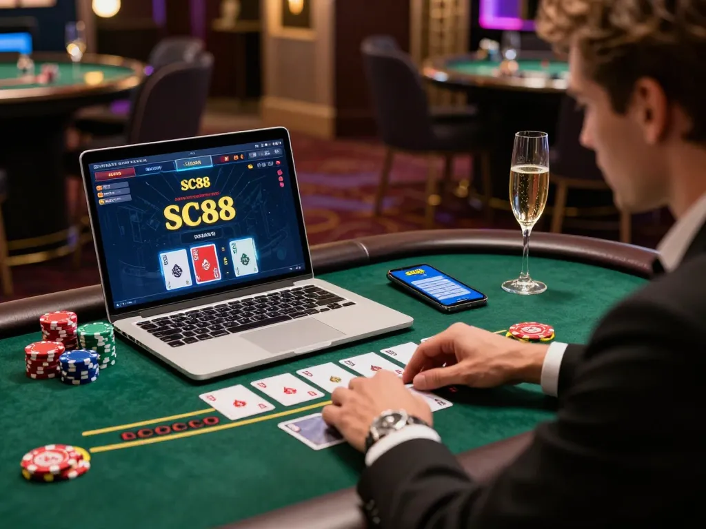 Dynamic gaming scene at SC88, showcasing a player engaging with Baccarat on a laptop, emphasizing a luxurious casino atmosphere.