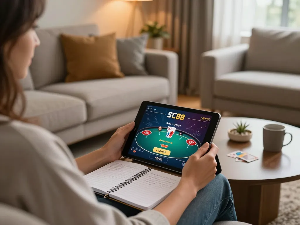 Person enjoying online casino gaming with SC88 on a tablet in a cozy home setting.