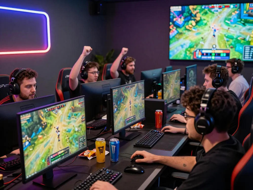 Exciting online gaming gathering with players at computers, showcasing five88 in a vibrant lounge atmosphere.