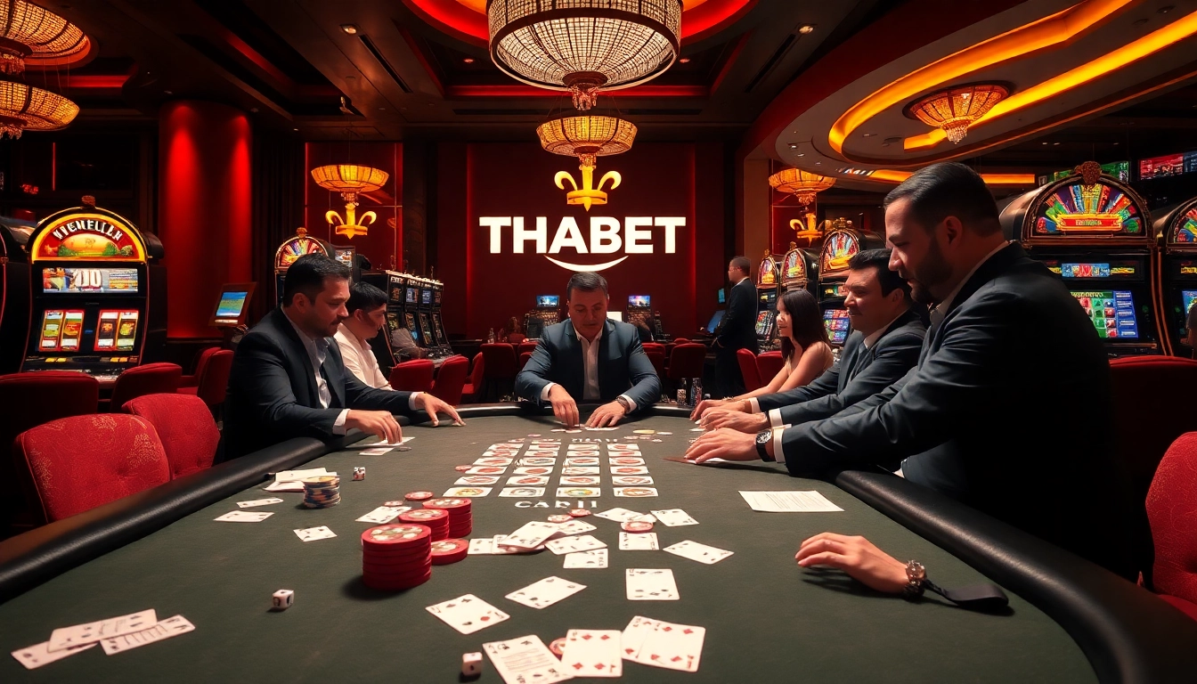 Exciting players at the THABET casino demonstrating high-stakes poker gameplay with vibrant chips.