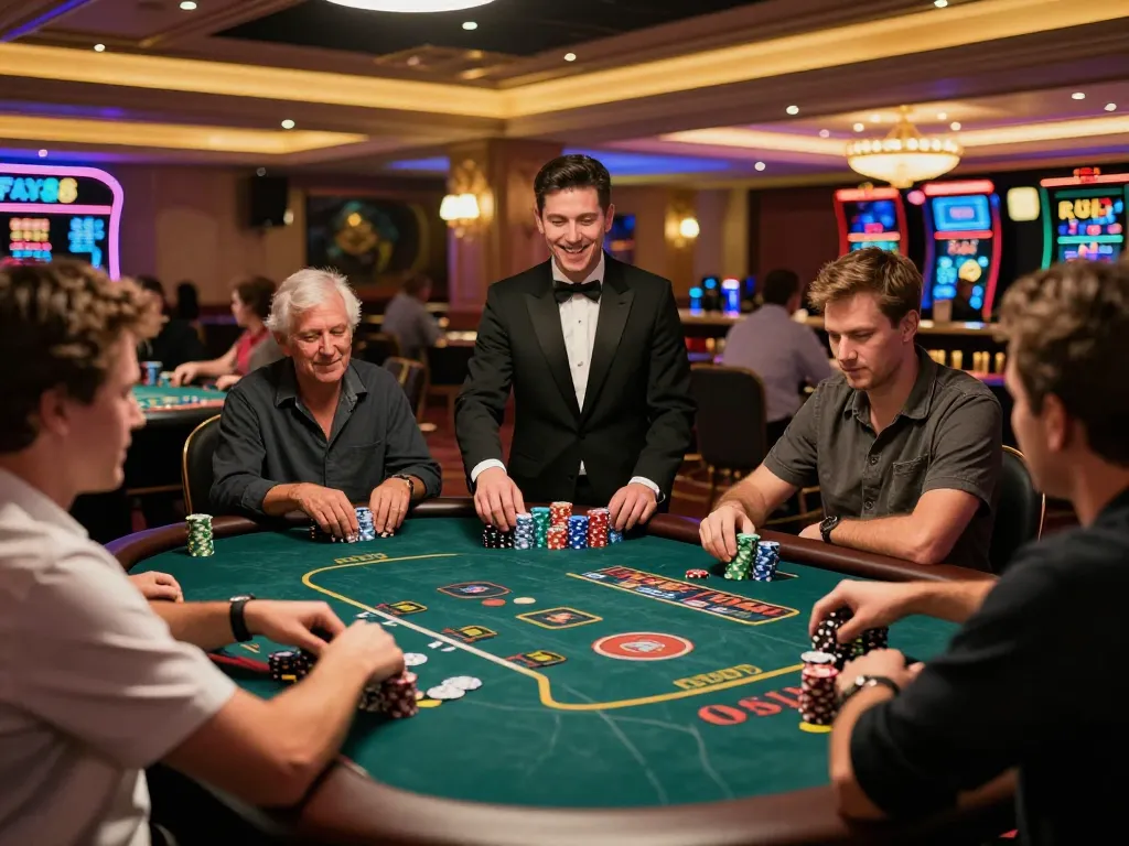 FLY88 casino scene showcasing players engaged in high-stakes poker and roulette action.