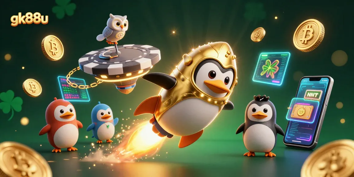 Engaging gk88u illustration of a golden penguin racing towards a casino space station amidst glowing coins and crypto symbols.