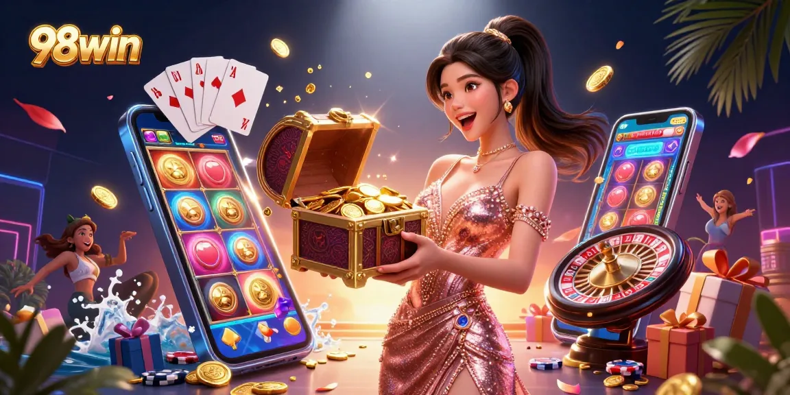 Experience thrilling casino excitement with 98win's vibrant treasure chest display.