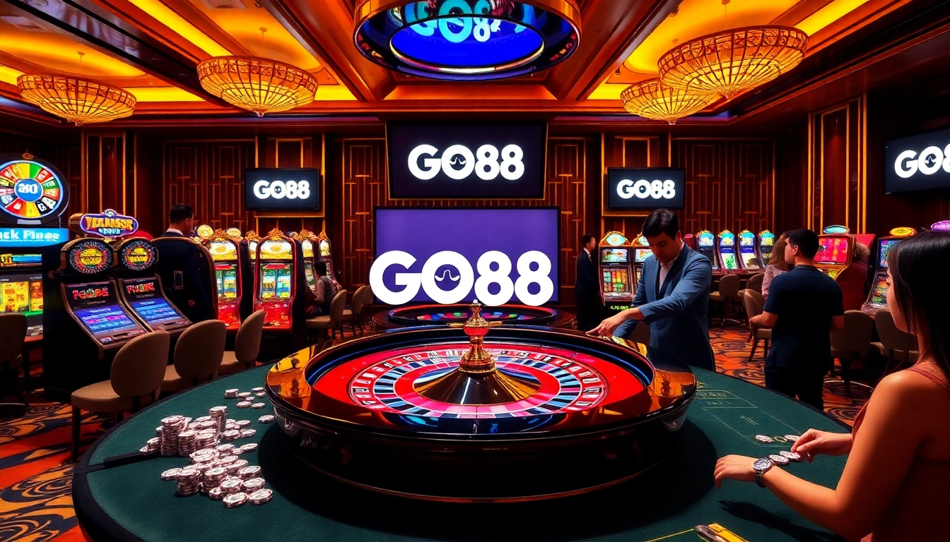 Players enjoying vibrant games at the GO88 casino with roulette and slot machines.