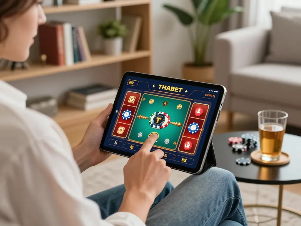 Engaging gameplay on the Thabet app with vibrant visuals in a cozy home setting.