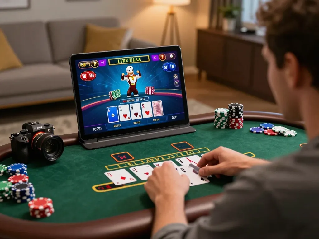 Engage in the exciting live dealer blackjack experience on go8 com, showcasing dynamic gameplay and a stylish home setup.
