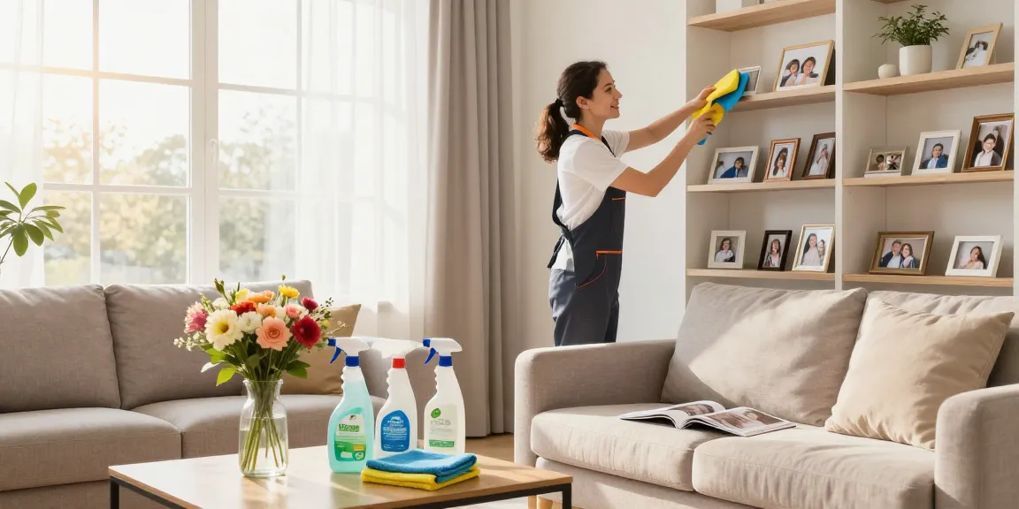 Professional cleaner performing reinigungen in a bright, cozy living room with eco-friendly products.