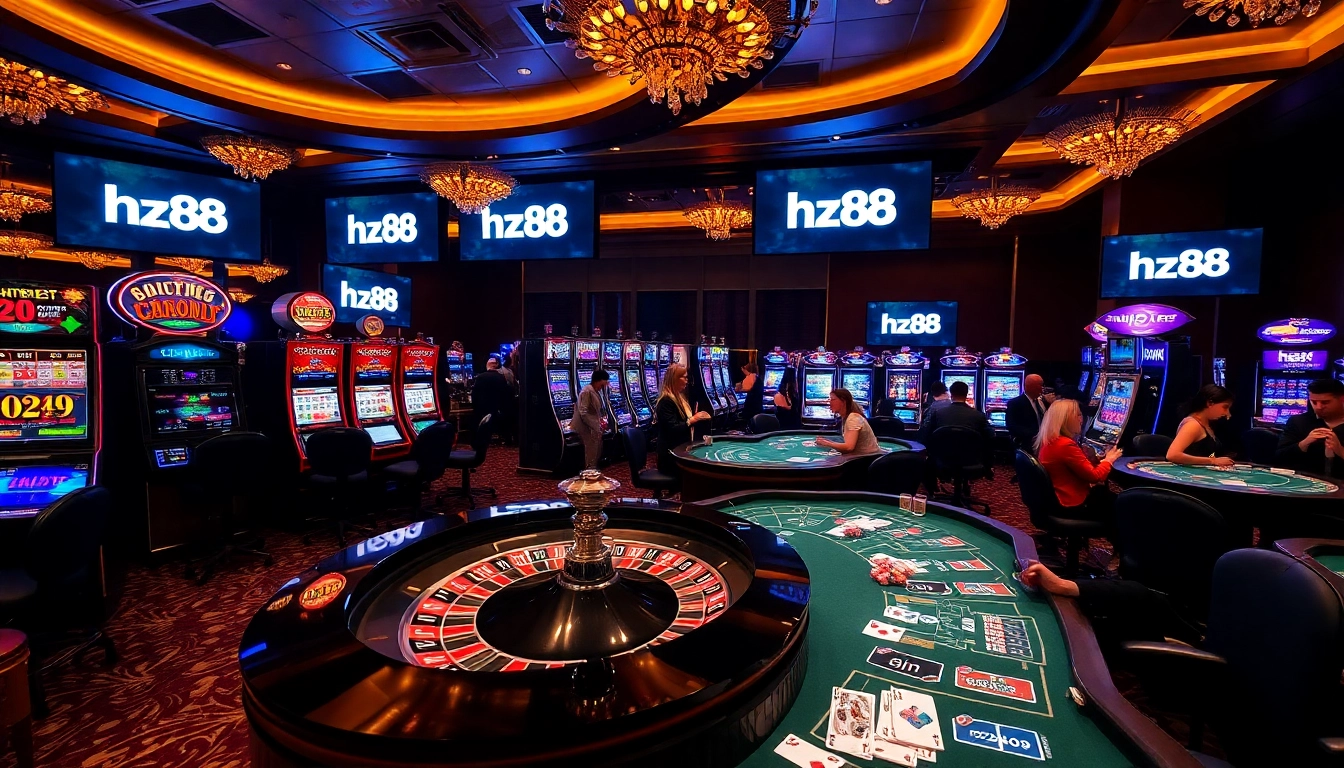 Experience the thrill of gambling with HZ88 in a vibrant casino scene featuring roulette and poker.