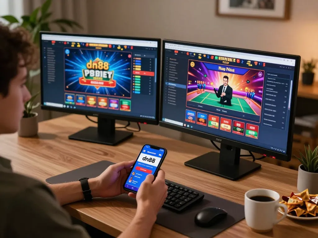 Engaging in online gaming with dn88 app on smartphone and dual monitors showcasing vibrant casino gameplay.