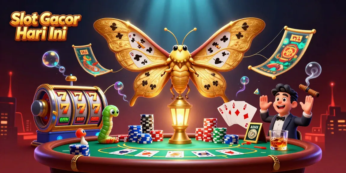 Spinning Slot Gacor Hari Ini reels with cards and poker chips in a vibrant casino scene.