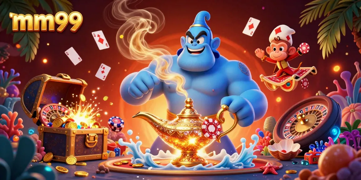 Experience thrilling moments at MM99 with a genie and gold coins in a vibrant casino scene.