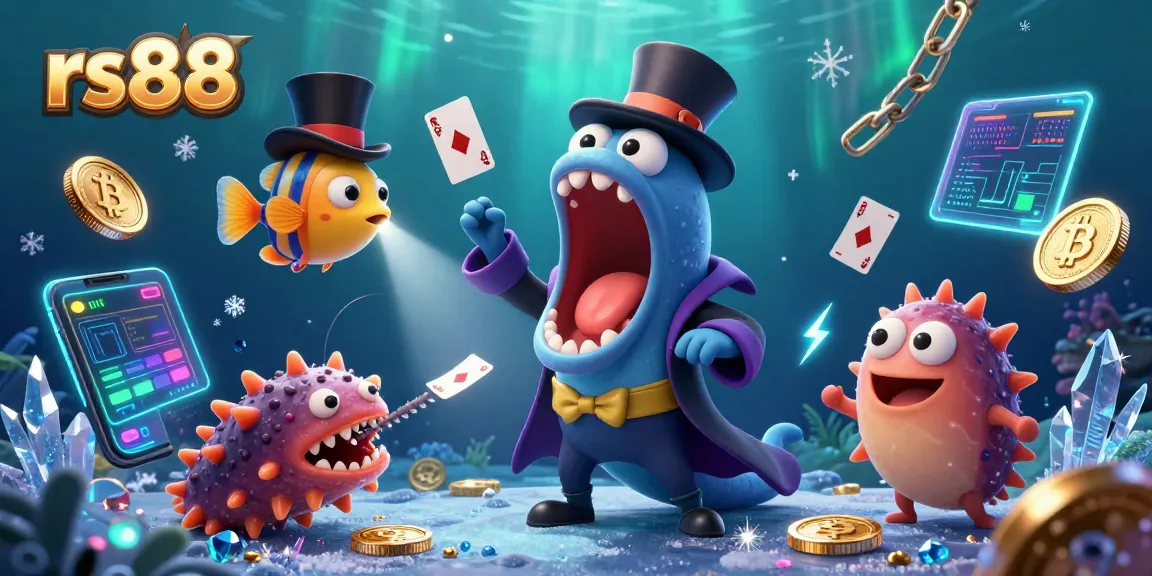 Experience thrilling gameplay at rs88 with vibrant undersea characters performing magical gambling tricks.