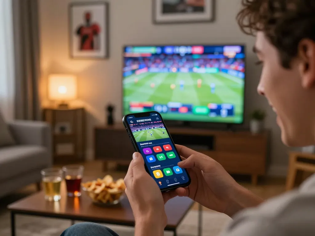 Player engaging in sports betting on 78win app in a lively home setting