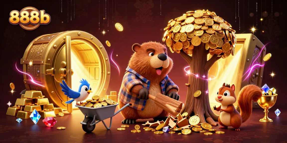 Win big at 888b as a beaver collects golden coins raining from a tree in this vibrant casino scene.