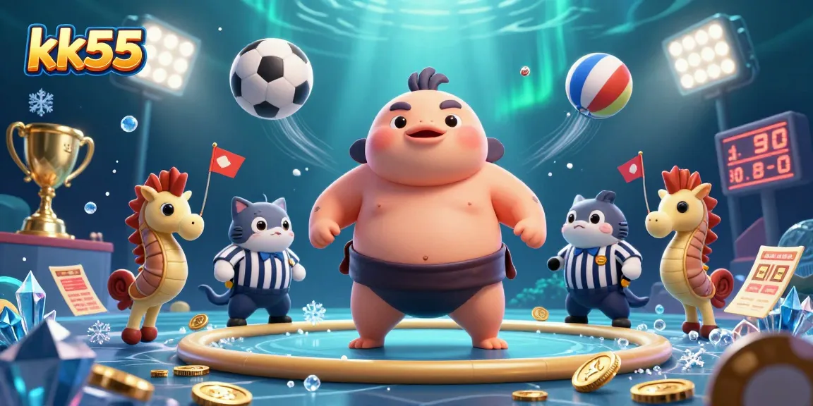 Bet big with kk55's dynamic underwater casino scene showcasing a fugu in a sumo outfit and festive elements.