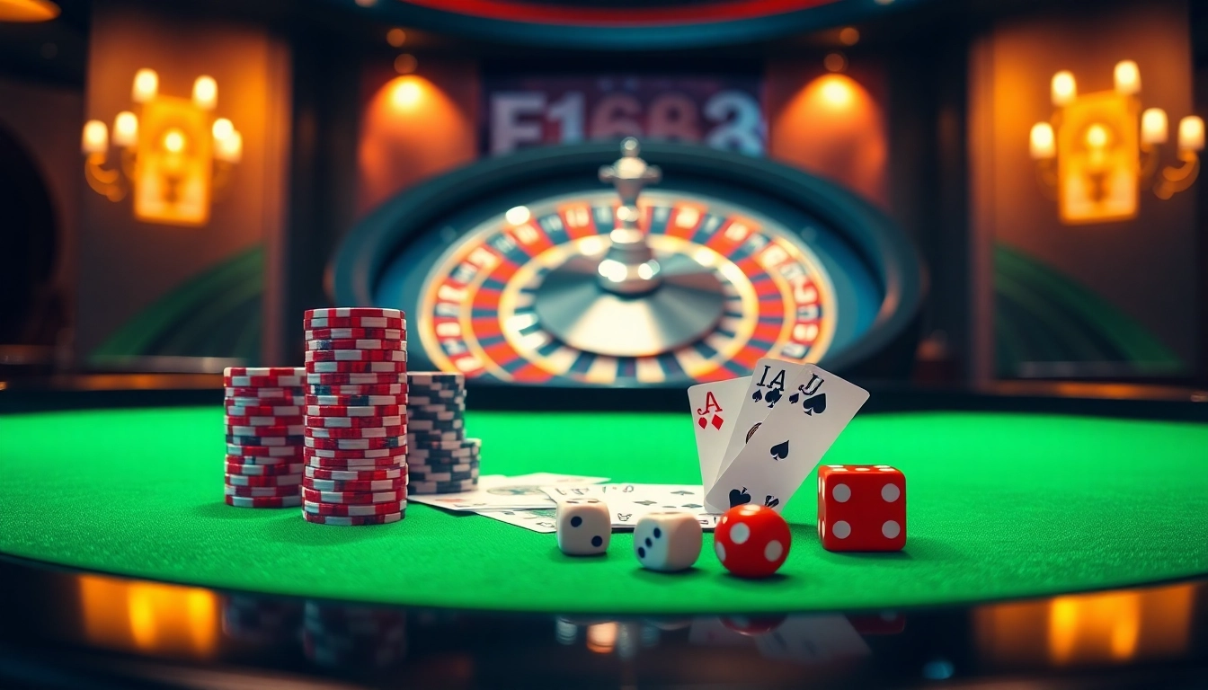 Experience F168 casino gameplay with vibrant poker chips, cards, and a roulette wheel.