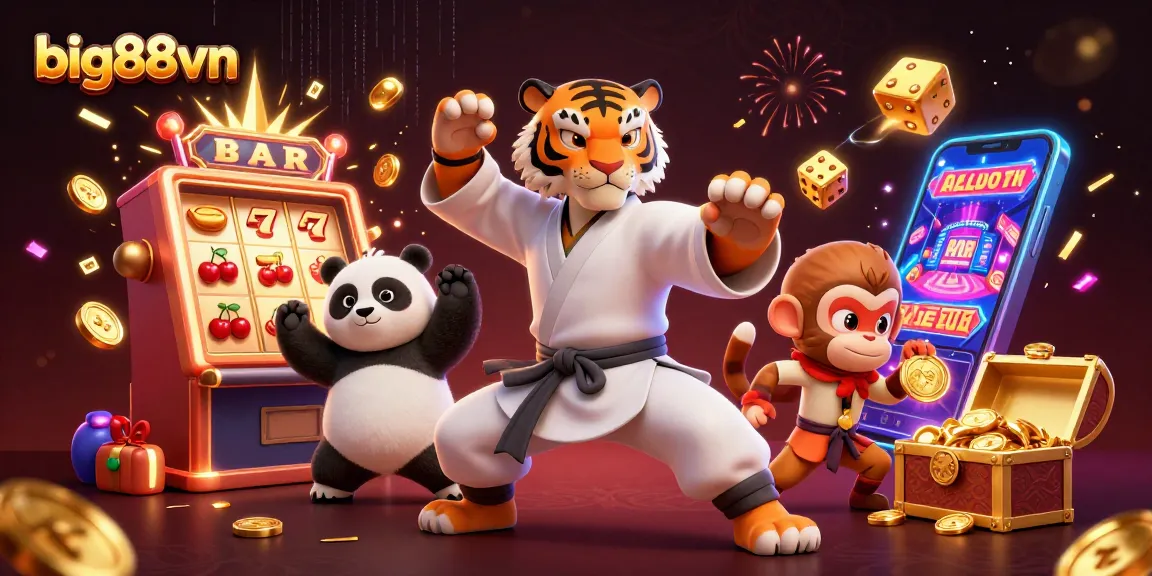 Experience big88vn's thrilling casino adventure with animated characters and dynamic slot symbols.