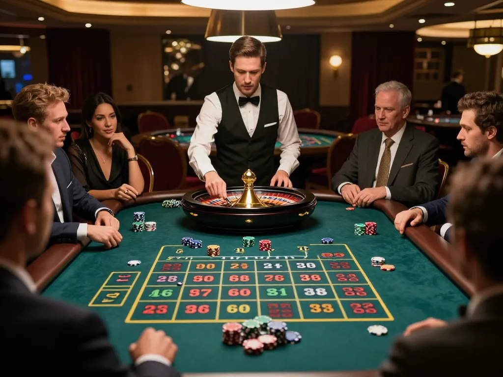 red888 players placing bets at a luxurious roulette table in a stunning casino setting