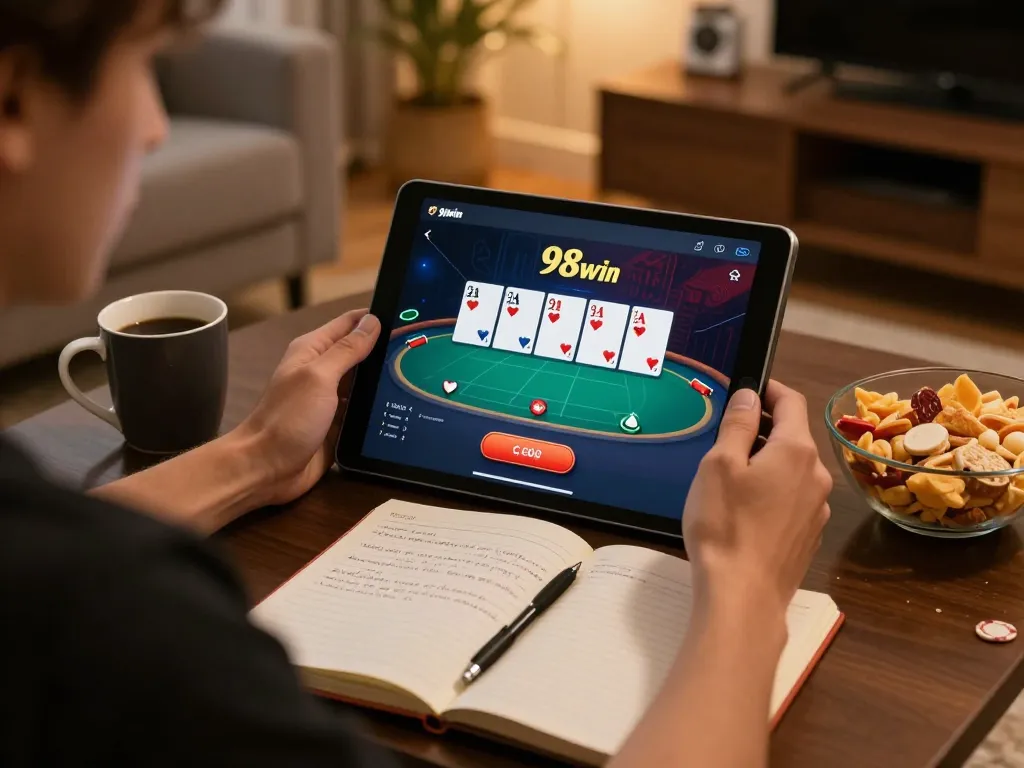 Enjoying an online poker session on 98win9 with strategic notes nearby and cozy home setting.