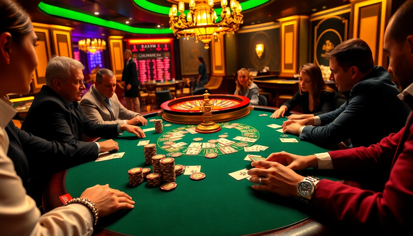 Players experience high-stakes excitement at a luxurious 789p poker table in a glamorous casino setting.