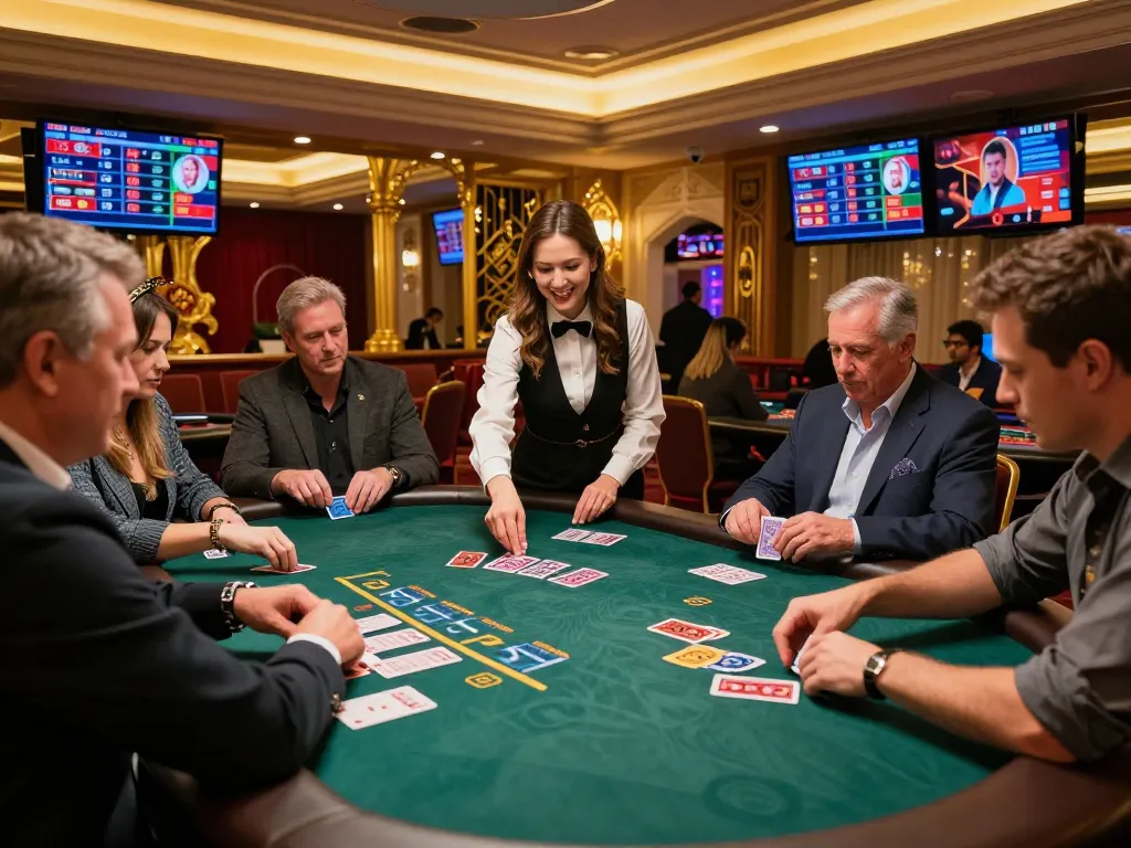 Người chơi LUCK8 tham gia chiến lược blackjack với nhà cái trực tiếp tại bàn casino cao cấp, thể hiện không khí chơi game sống động.
