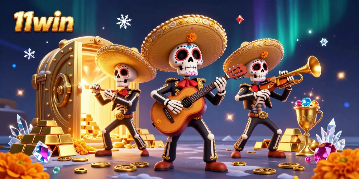 Experience the excitement of winning at 11win with vibrant mariachi skeletons and treasure