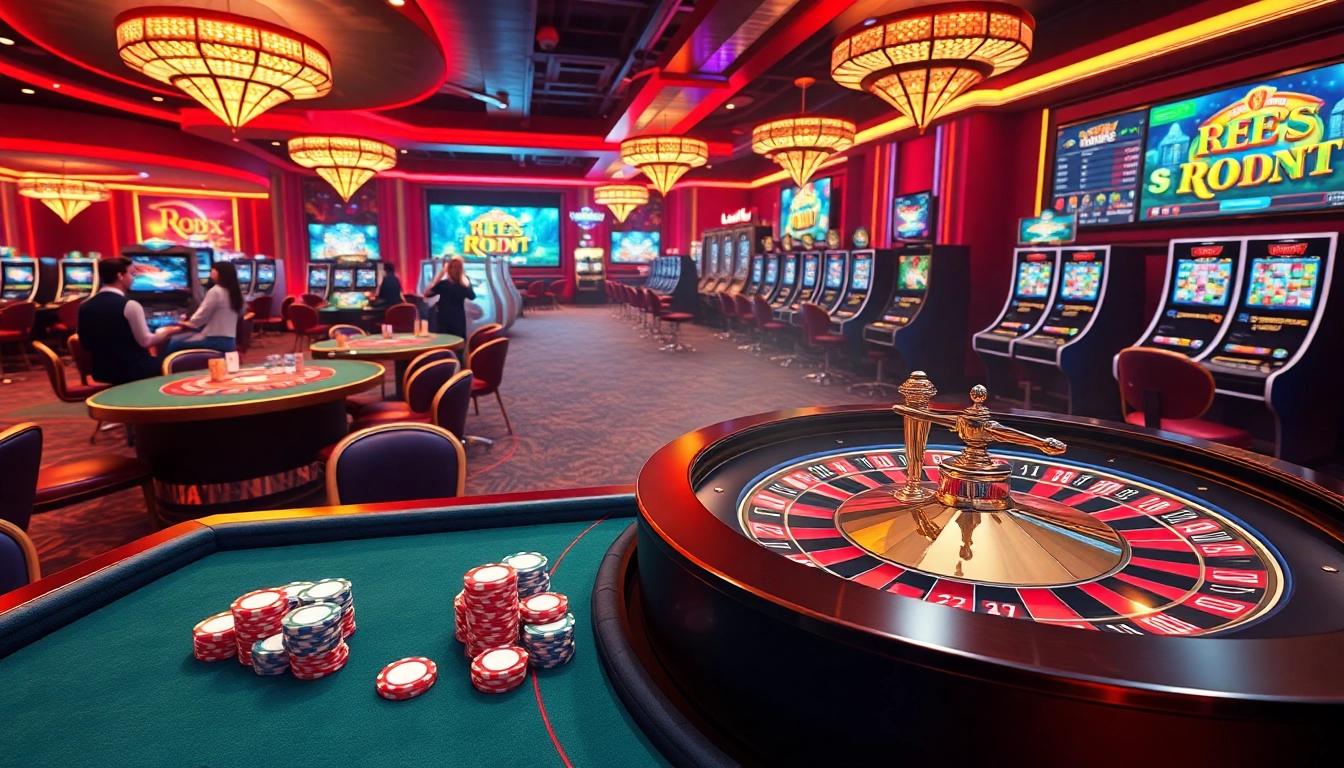 Engaging Robux gambling scene with vibrant casino tables and lively players, showcasing excitement.