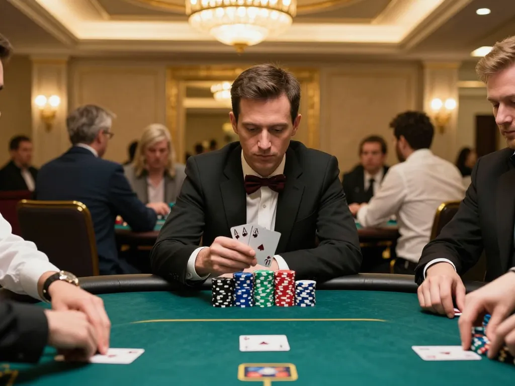 mm88 player celebrating a successful poker win at an upscale casino table, chips piled high