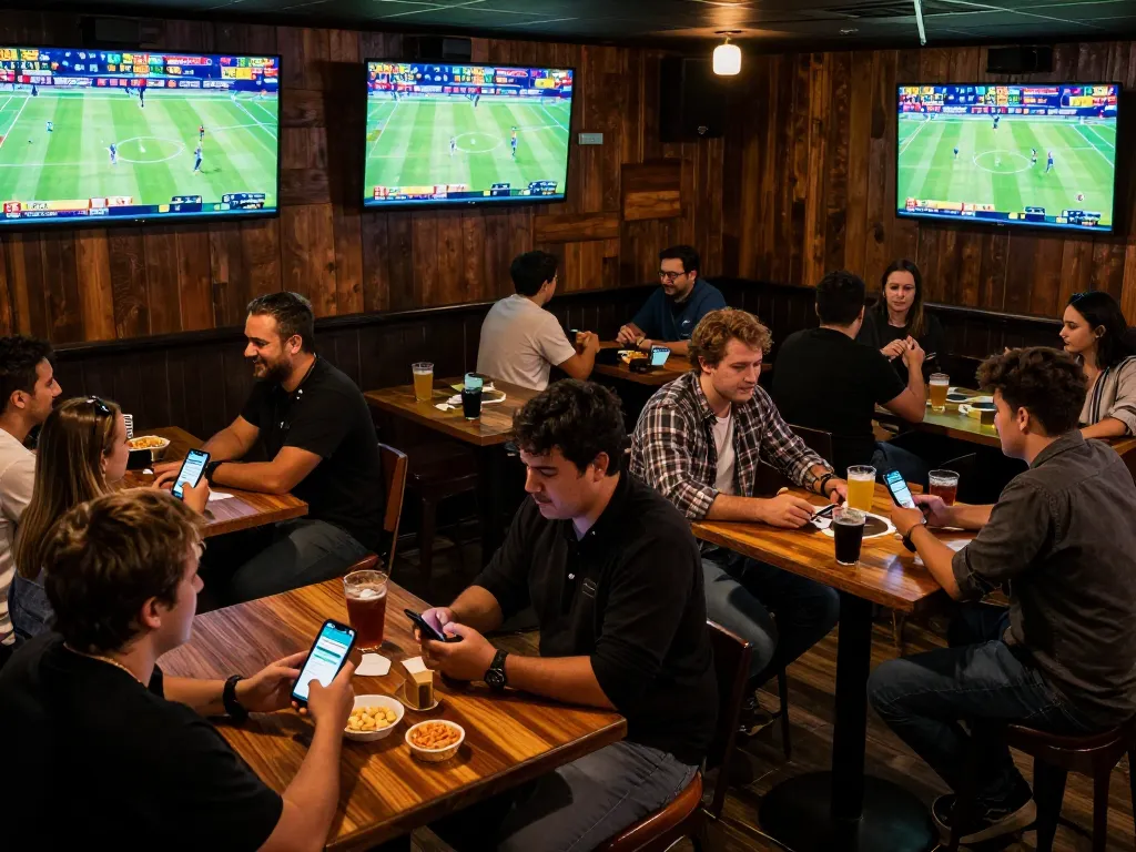 Excited bettors using the 33WIN app during a live sports event in a vibrant sports bar.