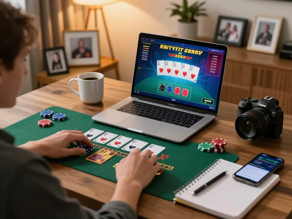 Player engaging in online blackjack on laptop, showcasing mb66 gaming strategy and comfortable home setting