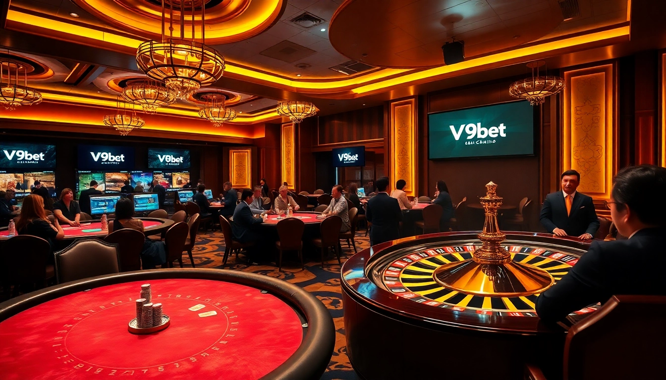 Experience the thrill of betting at Nhà cái V9bet with vibrant casino tables and high-stakes poker action.