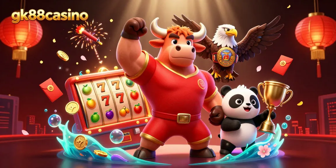 Engage with gk88casino's vibrant gaming scene featuring a victorious bull, eagle, and trophy-holding panda, celebrating online gaming.